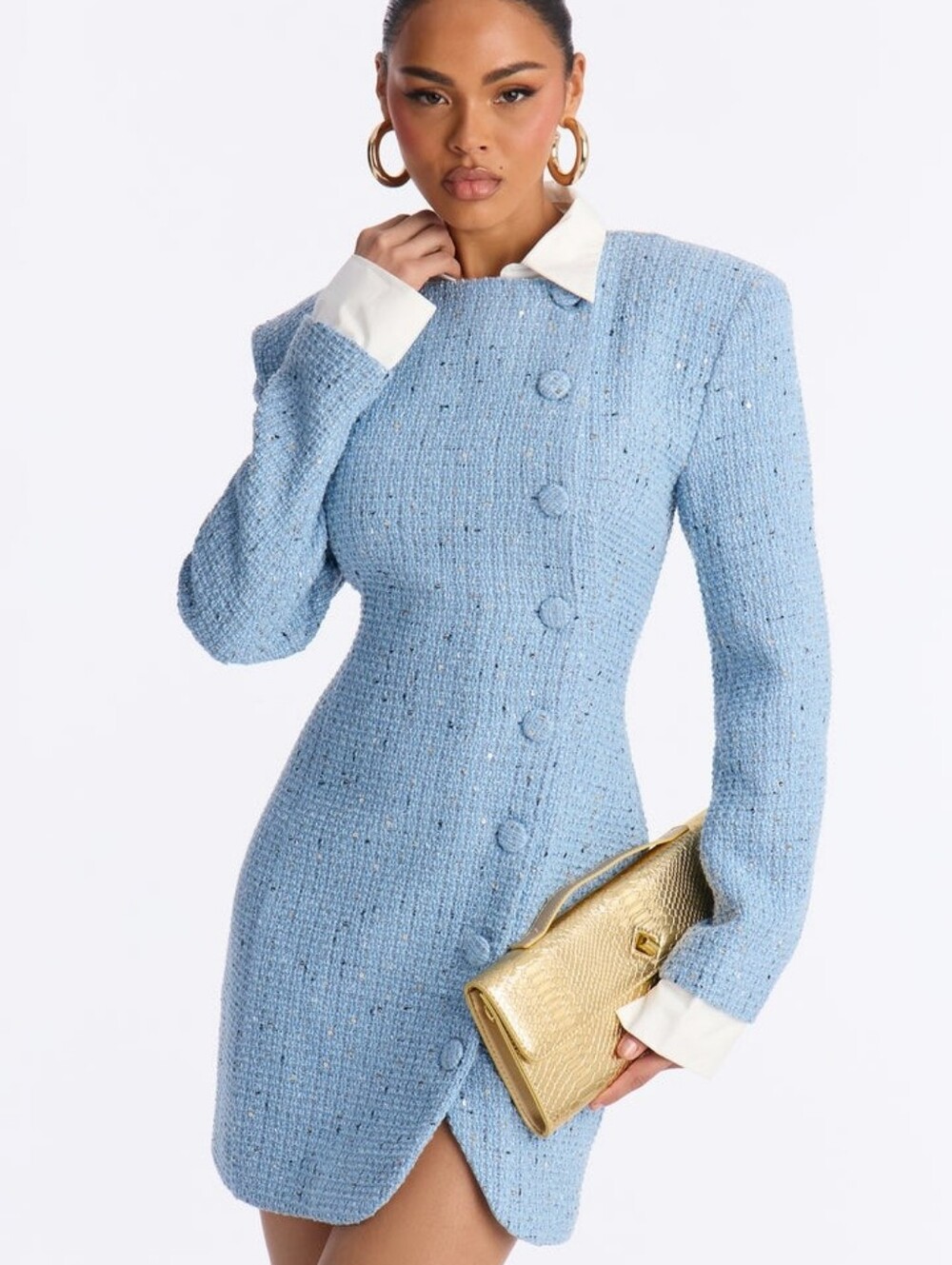 Textured Light Blue Tweed Long-Sleeve Dress with Covered Buttons